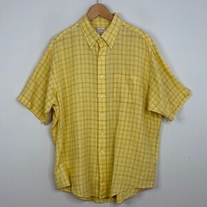 Brooks Brothers Shirt Mens XL Yellow Blue Irish Linen Check Short Sleeve Collar